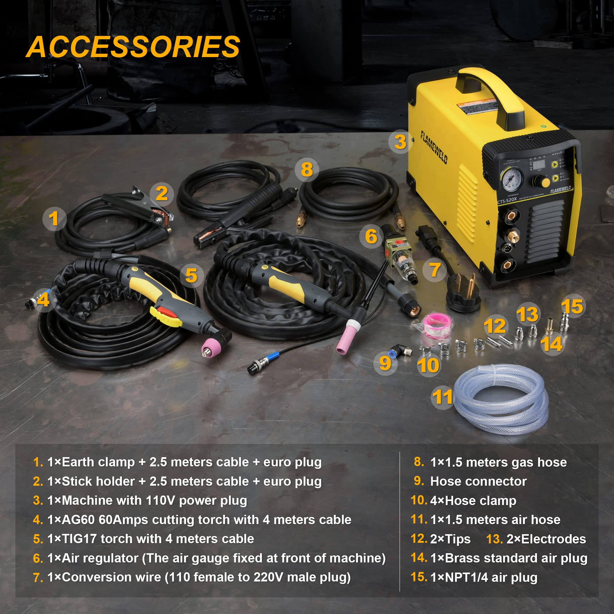 Flameweld 3 In 1 Plasma Cutter Welder Machine - CTS520X Cut Tig Stick Dual Voltage 110/220V, 50Amps Plasma Cutter, 200Amps TIG Welder, 200Amps Stick Welder, 60% Duty Cycle 50/60Hz