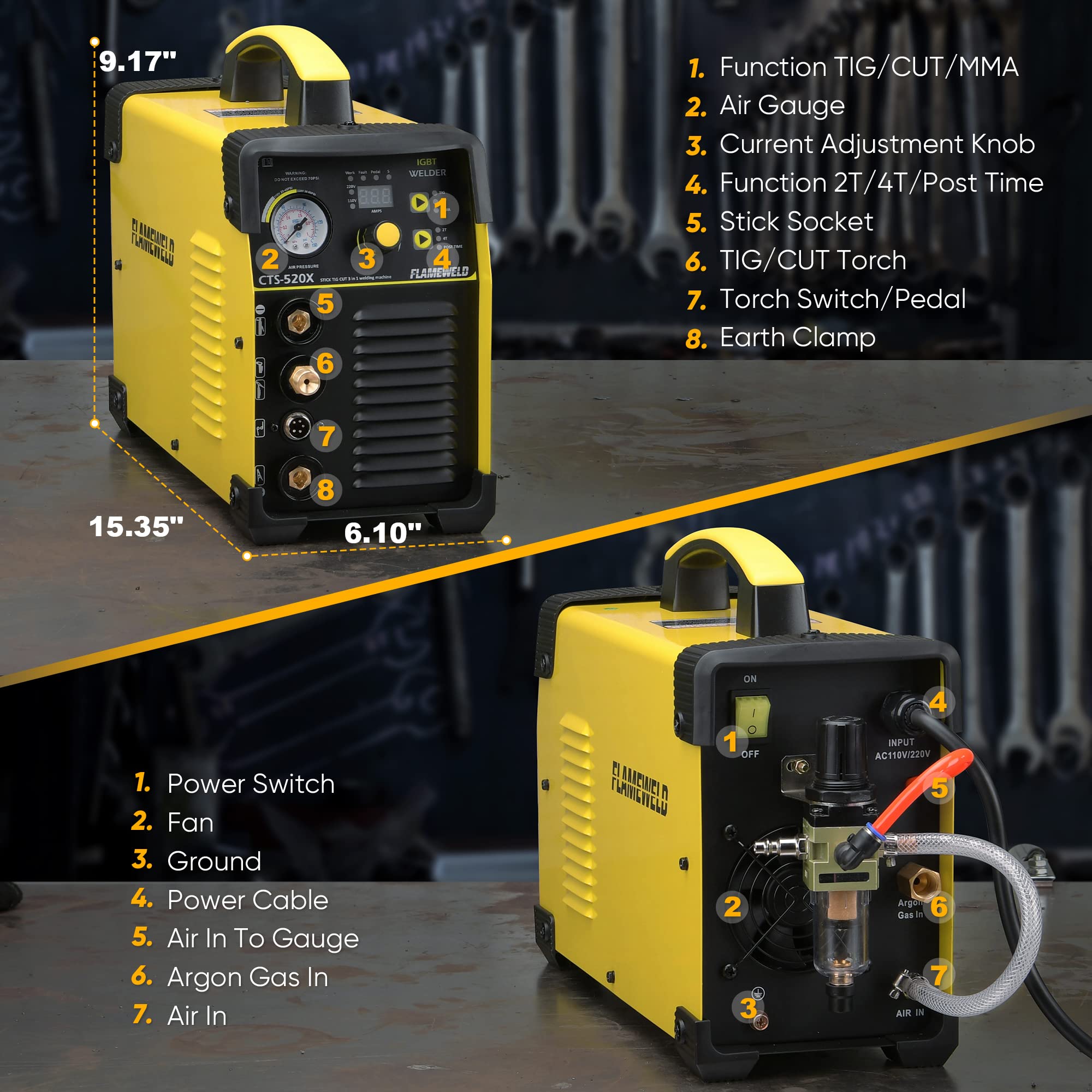 Flameweld 3 In 1 Plasma Cutter Welder Machine - CTS520X Cut Tig Stick Dual Voltage 110/220V, 50Amps Plasma Cutter, 200Amps TIG Welder, 200Amps Stick Welder, 60% Duty Cycle 50/60Hz