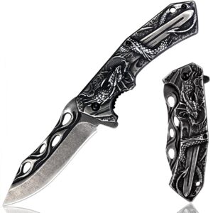 pocket knife for men, folding knife with clip & 3d dragon relief, embossed edc knife for men outdoor survival camping hiking hunting