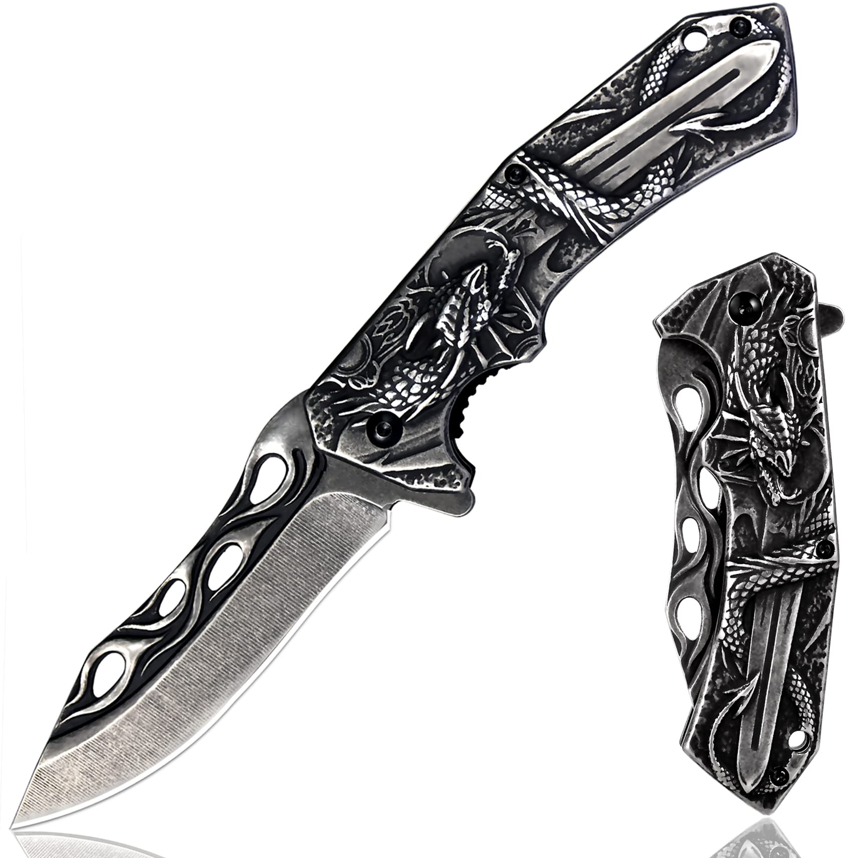 Pocket Knife for Men, Folding Knife With Clip & 3D DRAGON Relief, Embossed Edc Knife For Men Outdoor Survival Camping Hiking hunting