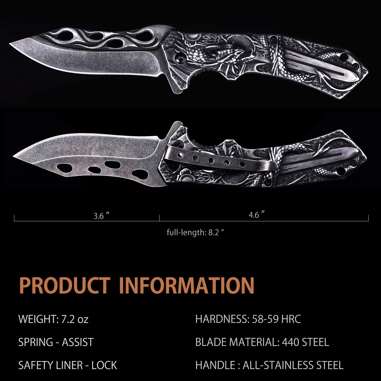 Pocket Knife for Men, Folding Knife With Clip & 3D DRAGON Relief, Embossed Edc Knife For Men Outdoor Survival Camping Hiking hunting