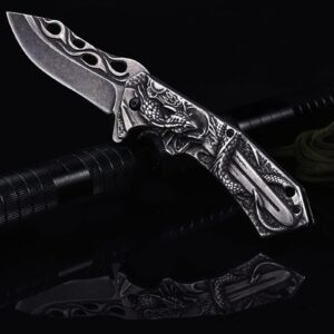 Pocket Knife for Men, Folding Knife With Clip & 3D DRAGON Relief, Embossed Edc Knife For Men Outdoor Survival Camping Hiking hunting