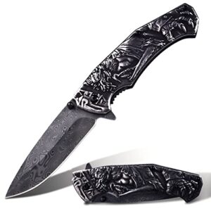 pocket knife for men, folding knife with clip & 3d wolf relief, embossed edc knife for men outdoor survival camping hiking hunting (black)