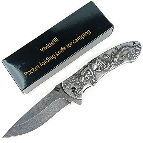 Vividstill Pocket Knife for Men, Folding Knife With Clip & Embossed 3D Mermaid Relief, Edc Knife For Men Outdoor Survival Camping Hiking Hunting