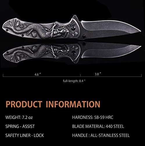 Vividstill Pocket Knife for Men, Folding Knife With Clip & Embossed 3D Mermaid Relief, Edc Knife For Men Outdoor Survival Camping Hiking Hunting