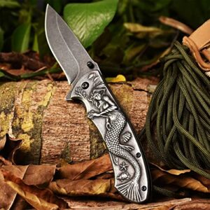 Vividstill Pocket Knife for Men, Folding Knife With Clip & Embossed 3D Mermaid Relief, Edc Knife For Men Outdoor Survival Camping Hiking Hunting
