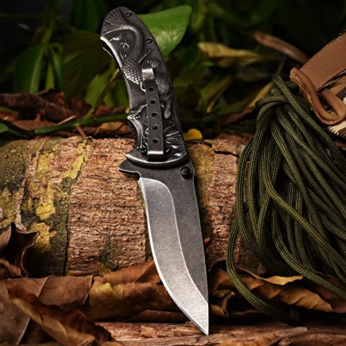 Vividstill Pocket Knife for Men, Folding Knife With Clip & Embossed 3D Mermaid Relief, Edc Knife For Men Outdoor Survival Camping Hiking Hunting