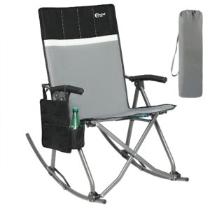 portal oversized folding rocking camping chair portable outdoor rocker with high back hard armrests carry bag, supports 300 lbs, padded back, grey