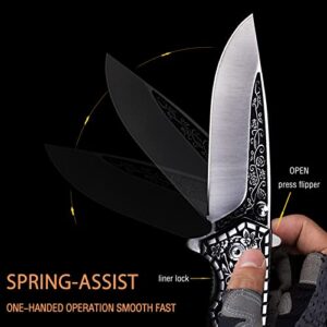 Vividstill Pocket Knife, Spring Assisted Folding Knife With 3D Retro Embossed Pattern, Great Gift EDC Knife For Men Outdoor Camping Hunting Knife