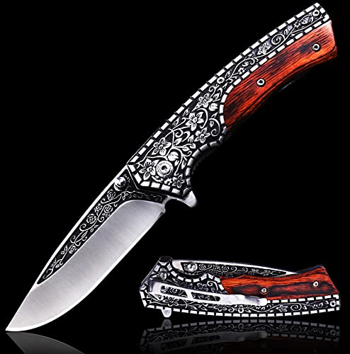 Vividstill Pocket Knife, Spring Assisted Folding Knife With 3D Retro Embossed Pattern, Great Gift EDC Knife For Men Outdoor Camping Hunting Knife