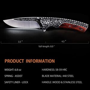 Vividstill Pocket Knife, Spring Assisted Folding Knife With 3D Retro Embossed Pattern, Great Gift EDC Knife For Men Outdoor Camping Hunting Knife
