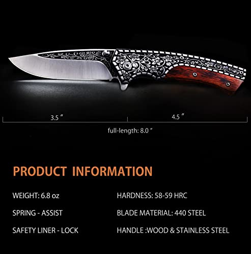 Vividstill Pocket Knife, Spring Assisted Folding Knife With 3D Retro Embossed Pattern, Great Gift EDC Knife For Men Outdoor Camping Hunting Knife