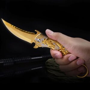 Pocket Knife for Men, Cool Folding Knife With 3D Golden Dragon Relief, Great Gift Edc Knife For Men Outdoor Survival Camping Hiking Hunting