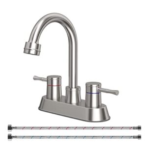 yeulluey 360 swivel spout bathroom sink faucet with 2 water supply lines, brushed nickel lead-free bathroom faucets stainless steel 4 inch 2 handle centerset faucet for bath basin 2 3 hole