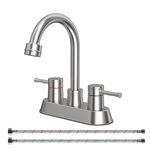 yeulluey 360 Swivel Spout Bathroom Sink Faucet with 2 Water Supply Lines, Brushed Nickel Lead-Free Bathroom Faucets Stainless Steel 4 Inch 2 Handle Centerset Faucet for Bath Basin 2 3 Hole