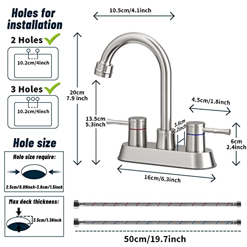 yeulluey 360 Swivel Spout Bathroom Sink Faucet with 2 Water Supply Lines, Brushed Nickel Lead-Free Bathroom Faucets Stainless Steel 4 Inch 2 Handle Centerset Faucet for Bath Basin 2 3 Hole