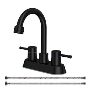 yeulluey black bathroom faucets, 360 swivel spout 2 handle bathroom sink faucet with water supply lines lead-free 4 inch centerset faucet for bath basin 2 3 hole