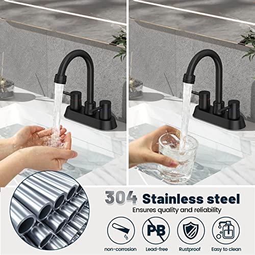 yeulluey Black Bathroom Faucets, 360 Swivel Spout 2 Handle Bathroom Sink Faucet with Water Supply Lines Lead-Free 4 Inch Centerset Faucet for Bath Basin 2 3 Hole