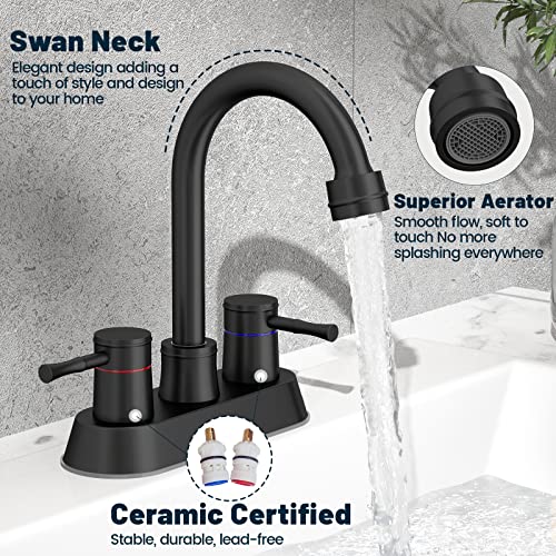 yeulluey Black Bathroom Faucets, 360 Swivel Spout 2 Handle Bathroom Sink Faucet with Water Supply Lines Lead-Free 4 Inch Centerset Faucet for Bath Basin 2 3 Hole