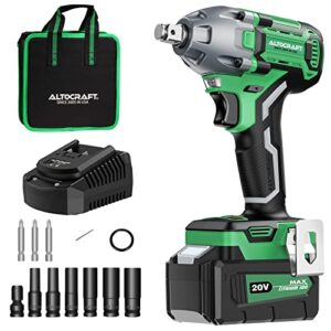 altocraft brushless cordless impact wrench 1/2 inch,20v high torque impact gun, 4.0ah battery,280 ft-lbs(380 nm),1 hour fast charger,7 sockets 3 driver bits,belt clip and tool bag