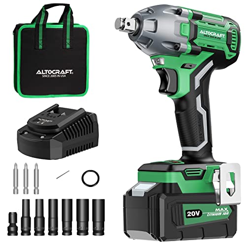 ALTOCRAFT Brushless Cordless Impact Wrench 1/2 Inch,20V High Torque Impact Gun, 4.0Ah Battery,280 ft-lbs(380 Nm),1 Hour Fast Charger,7 Sockets 3 Driver Bits,Belt Clip and Tool Bag