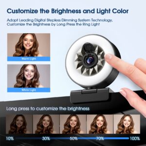 Streaming Webcam with Light - 2 Light Colors/Dual Microphones Webcam with Light: Stepless Dimming Adjustable Brightness, Auto-Focus HD 1080P Webcam with Tripod, Web Camera for PC Laptop Computer