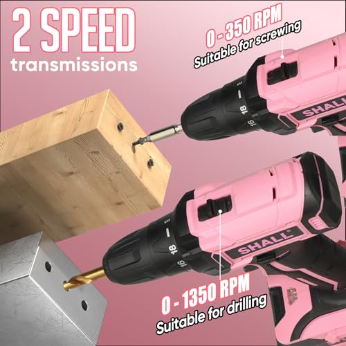 SHALL Pink Cordless Drill Driver 20V Electric Power Drill Screwdriver Set with 2.0AH Battery & Fast charger for Women, 3/8'' Keyless Chuck, Variable Speed, 18+1 Position & 34pcs Drill/Driver Bits