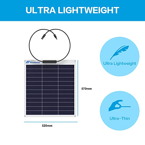 Nicesolar 50W 12V Flexible Solar Panel 50 Watt 12 Volt Semi-Flexible Bendable ETFE Monocrystalline Cell Mono PV Module for Marine Boat Trailer RV Cabin Van Car Uneven Surface Off Grid Battery Charge