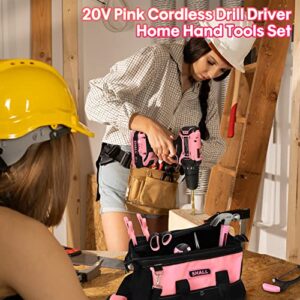 SHALL 247Pcs 20V Cordless Drill Driver & Household Tool Kit for Women, Pink Electric Power Drill Screwdriver and Home Hand Tool Set with 14” Storage Tool Bag for DIY, Home Repair/Maintenance