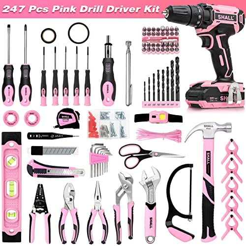 SHALL 247Pcs 20V Cordless Drill Driver & Household Tool Kit for Women, Pink Electric Power Drill Screwdriver and Home Hand Tool Set with 14” Storage Tool Bag for DIY, Home Repair/Maintenance