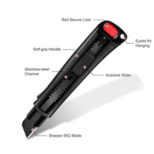 HAUTMEC 25mm Extra Heavy Duty Utility Knife with Double Lock Mechanism, Auto-Lock and Ratchet- Lock for Double Safety, SK2 Sharp Black Blade for Industrial or Construction Applications HT0254-KN
