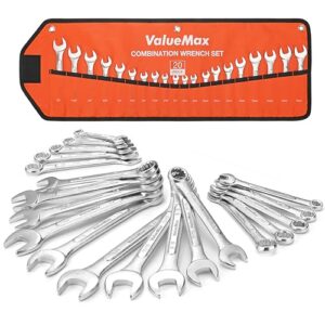 valuemax mechanics wrench set metric and standard, 20pcs complete combination wrenches roll set. sae 1/4" to 3/4", metric 6mm to 18mm, full wrench set with roll up pouch