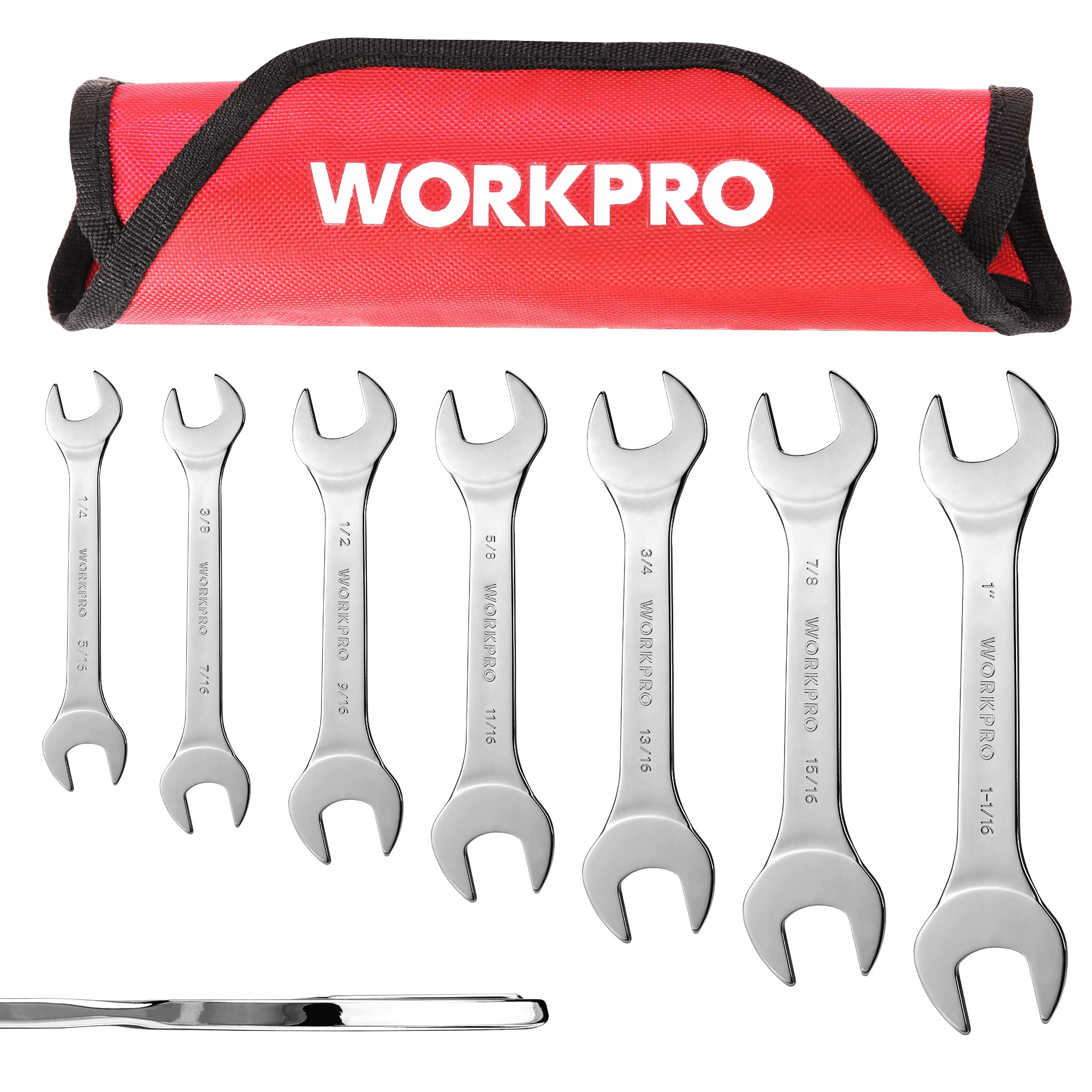 WORKPRO SAE Super-Thin Open End Wrench Roll-up Set, 7PCS, 1/4" to 1-1/16", Ultra-Slim Thin Wrench Set with Organizer Pouch, for Thin Nuts, Narrow Spaces