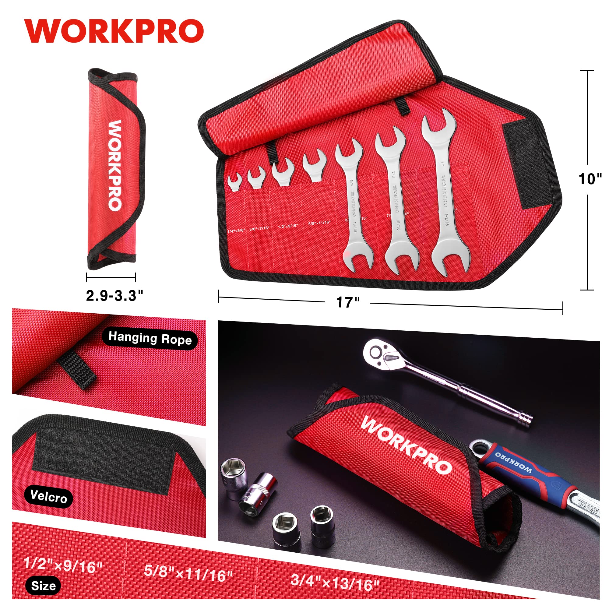 WORKPRO SAE Super-Thin Open End Wrench Roll-up Set, 7PCS, 1/4" to 1-1/16", Ultra-Slim Thin Wrench Set with Organizer Pouch, for Thin Nuts, Narrow Spaces