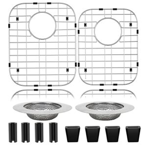 arlba 2pack 304 stainless steel sink protector for double kitchen sink rear drain,(13"x16"& 11.26"x14.5") metal sink grid sink grate sink rack for bottom of kitchen sink w/sink strainers rubber feet