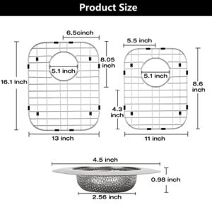 ARLBA 2Pack 304 Stainless Steel Sink Protector for Double Kitchen Sink Rear Drain,(13"x16"& 11.26"x14.5") Metal Sink Grid Sink Grate Sink Rack for Bottom of Kitchen Sink w/Sink Strainers Rubber feet