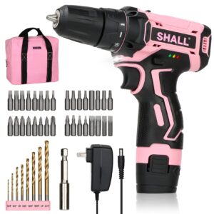 shall 43-piece pink cordless drill set, 12v electric drill, 3/8" keyless chuck, 2ah li-ion battery, 8 hss drill bits & 32 screwdriver bits included, for drilling wood/metal, women diy projects