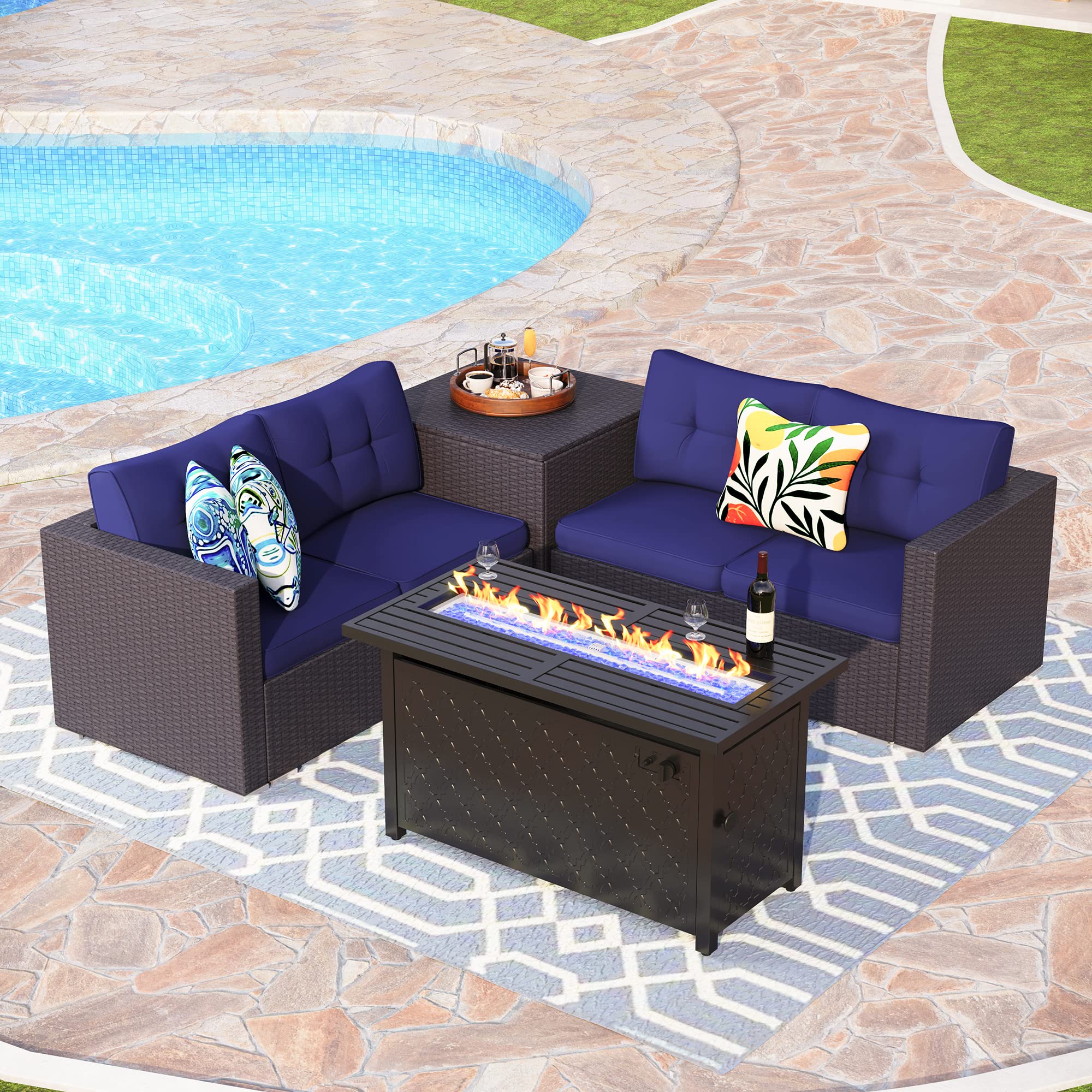 PHI VILLA 5 Pieces Patio Furniture Outdoor Wicker Sofa Set with 2 Loveseat Patio Conversation Sets w/Coffee Table, Storage Box 45Inch Propane Gas Fire Pit