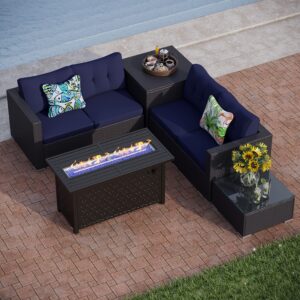 PHI VILLA 5 Pieces Patio Furniture Outdoor Wicker Sofa Set with 2 Loveseat Patio Conversation Sets w/Coffee Table, Storage Box 45Inch Propane Gas Fire Pit