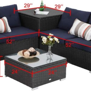 PHI VILLA 5 Pieces Patio Furniture Outdoor Wicker Sofa Set with 2 Loveseat Patio Conversation Sets w/Coffee Table, Storage Box 45Inch Propane Gas Fire Pit