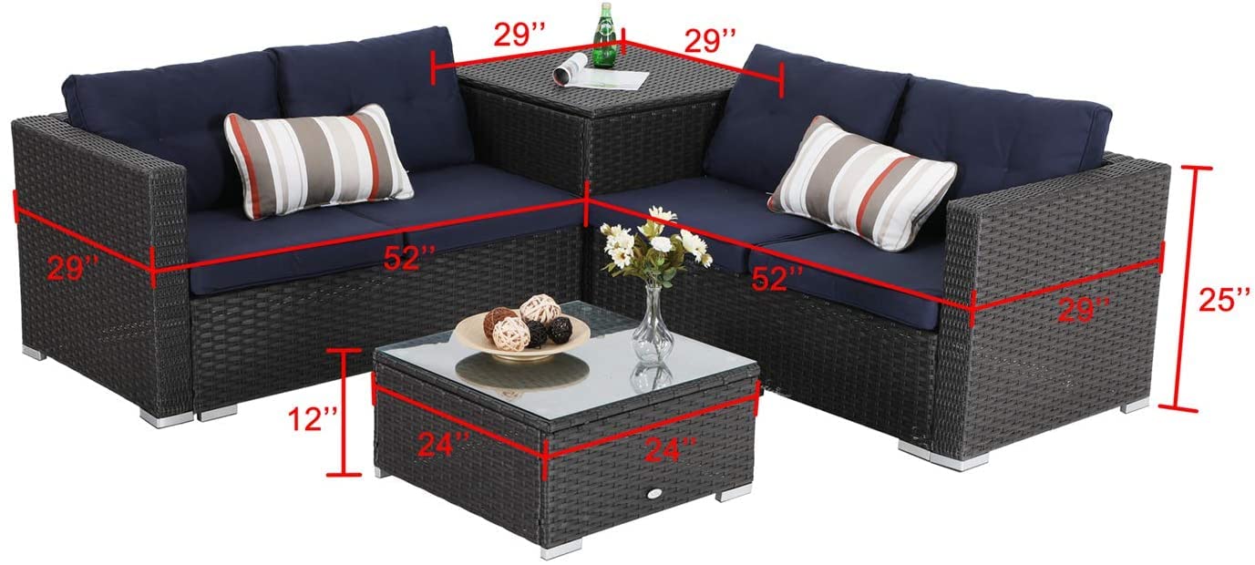 PHI VILLA 5 Pieces Patio Furniture Outdoor Wicker Sofa Set with 2 Loveseat Patio Conversation Sets w/Coffee Table, Storage Box 45Inch Propane Gas Fire Pit