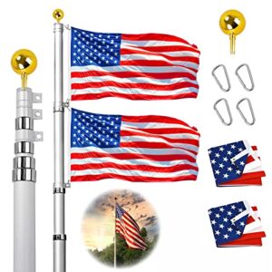 Hooomyai 20FT Telescopic Flag Pole Kit, Heavy Duty Aluminum Telescoping Flagpole Kit Fly 2 Flags, Outdoor In Ground Flagpole with 2 USA Flag & Gold Ball Top for Residential or Commercial, Silver