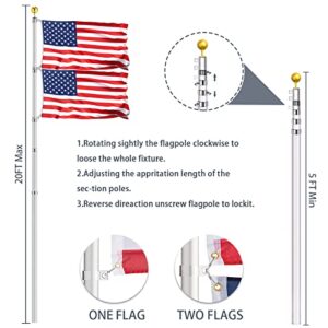 Hooomyai 20FT Telescopic Flag Pole Kit, Heavy Duty Aluminum Telescoping Flagpole Kit Fly 2 Flags, Outdoor In Ground Flagpole with 2 USA Flag & Gold Ball Top for Residential or Commercial, Silver