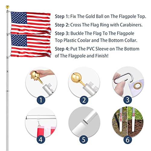 Hooomyai 20FT Telescopic Flag Pole Kit, Heavy Duty Aluminum Telescoping Flagpole Kit Fly 2 Flags, Outdoor In Ground Flagpole with 2 USA Flag & Gold Ball Top for Residential or Commercial, Silver