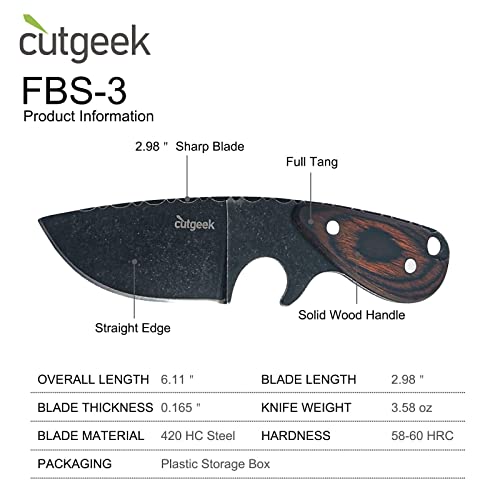 cutgeek FBS-3 Mini-Series Small Fixed Blade Knife 6-inch Overall Fixed Knife Outdoor Knife with Solid Wood Handle