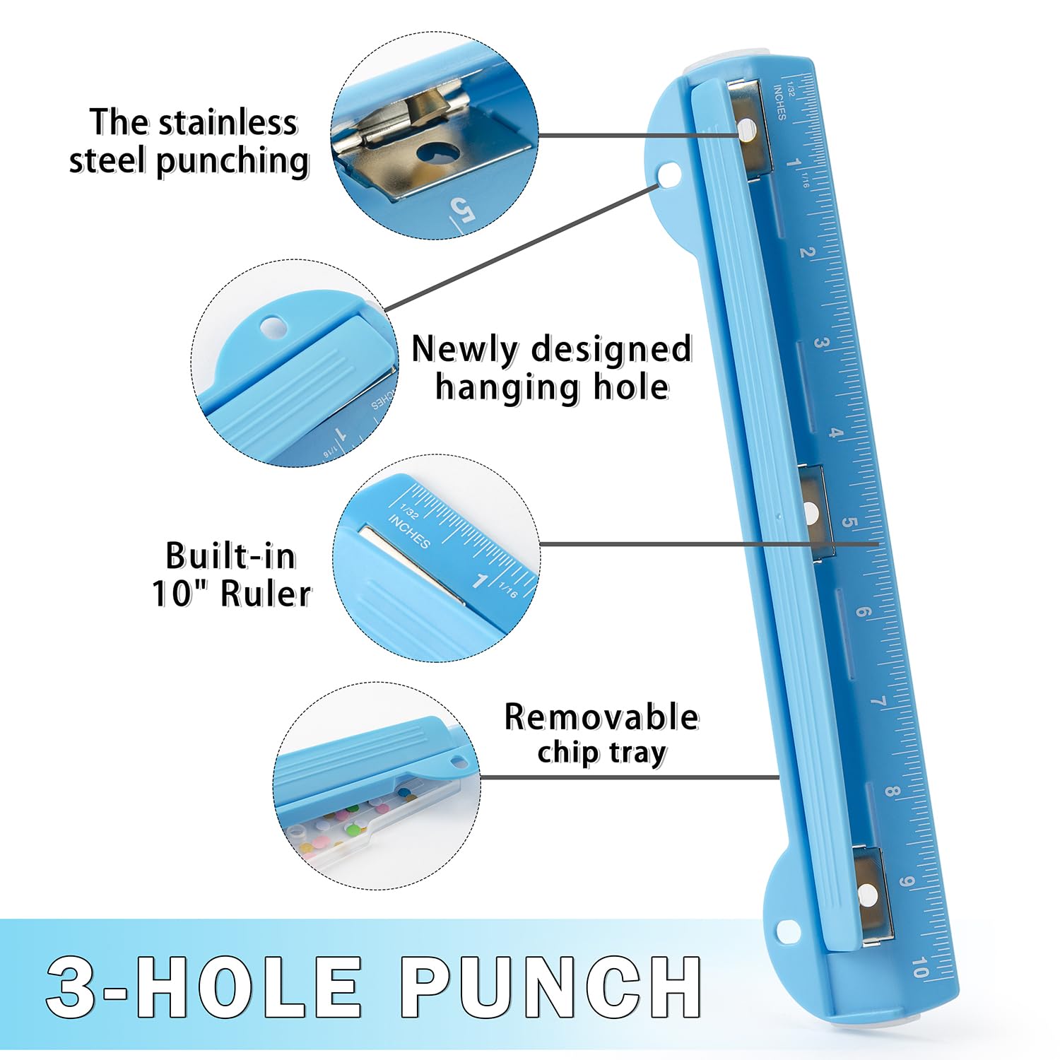 WorkLion Hole Puncher 3 Ring – Blue Portable Metal Hole Punch Single for Binder, 5 Sheet Capacity