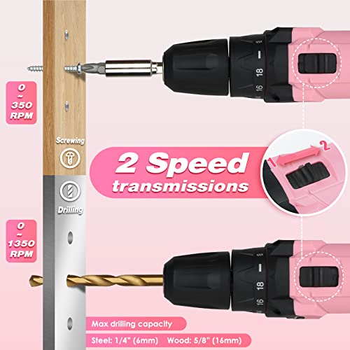 SHALL 222-Piece Pink Drill Driver and Home Tool Set, 12V Electric Drill Combo Kit, 3/8" Keyless Chuck, 12" Wide Mouth Open Tool Bag, for Drilling Wood/Metal, Women DIY Projects