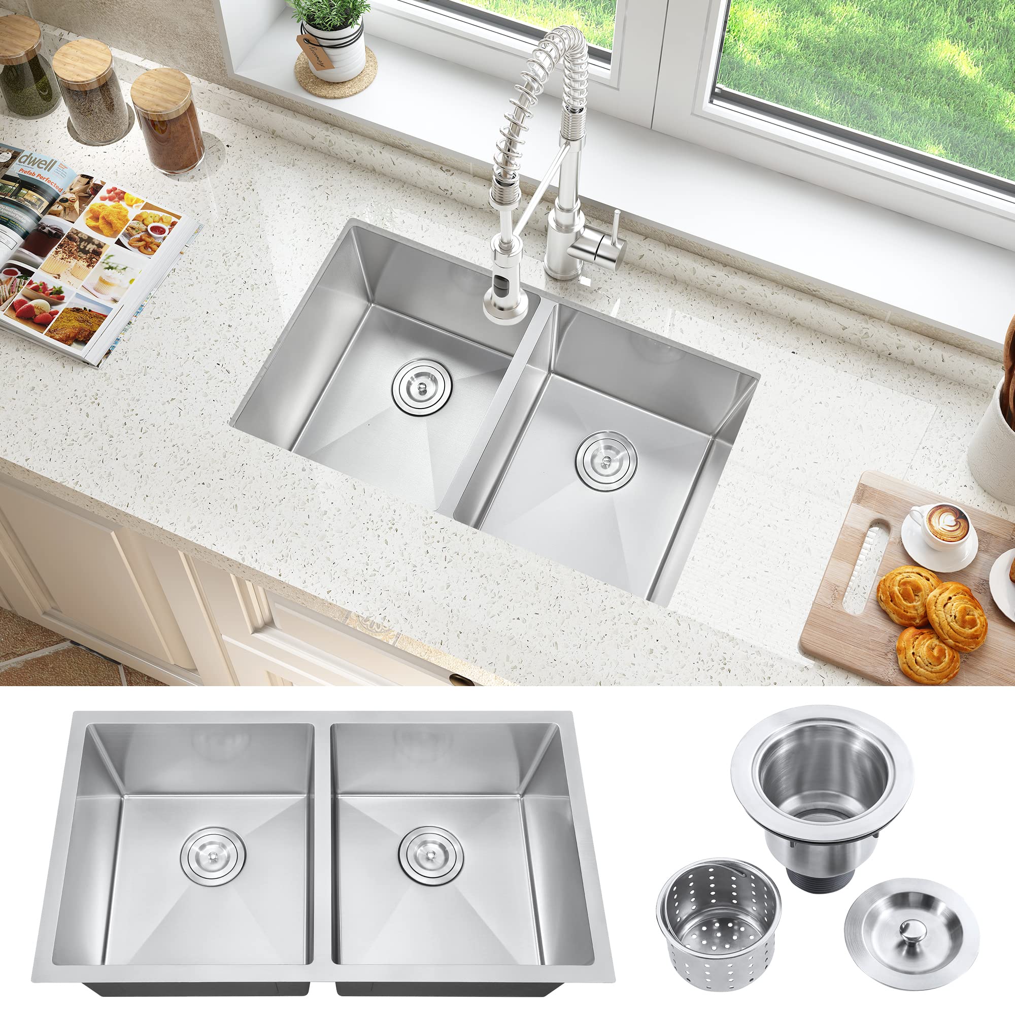 ATTOP Double Bowls Undermount Kitchen Sink,32 Inch Nano Coating Stainless Steel Kitchen Sink Undermount Double Bowls Sink