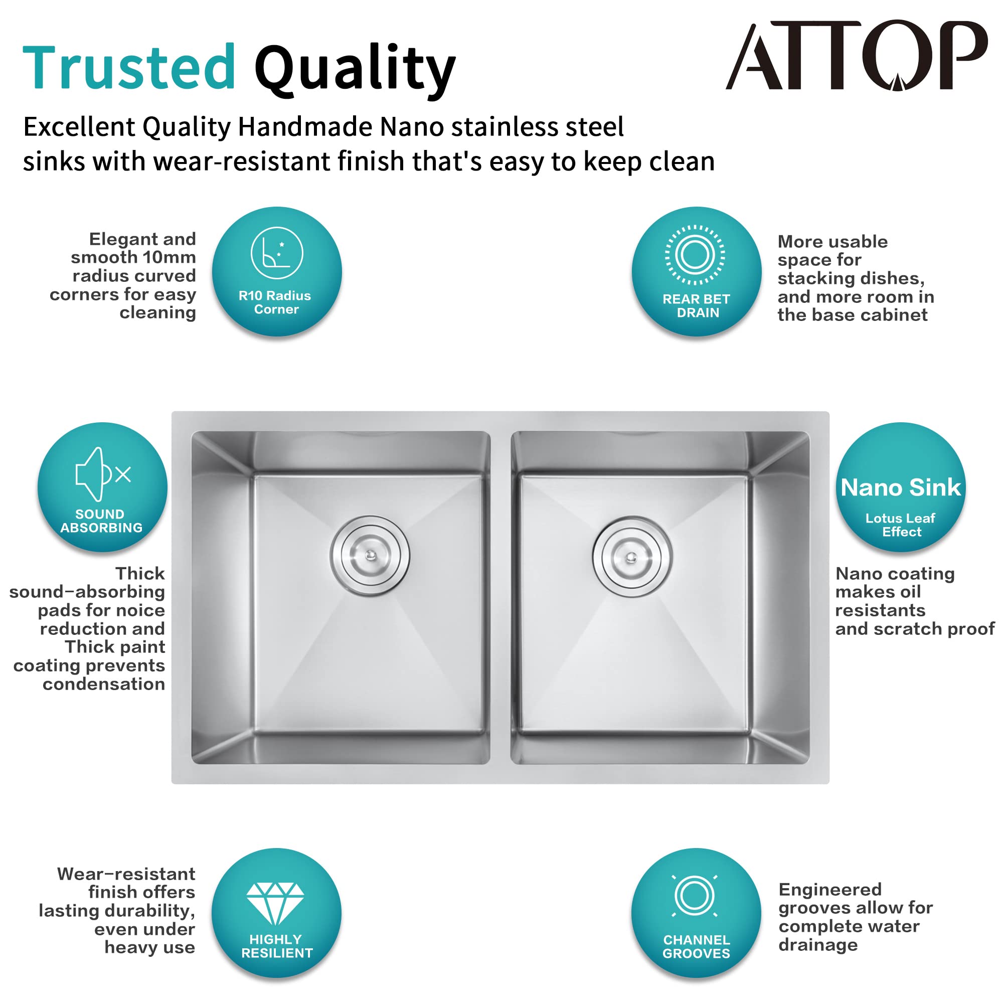 ATTOP Double Bowls Undermount Kitchen Sink,32 Inch Nano Coating Stainless Steel Kitchen Sink Undermount Double Bowls Sink