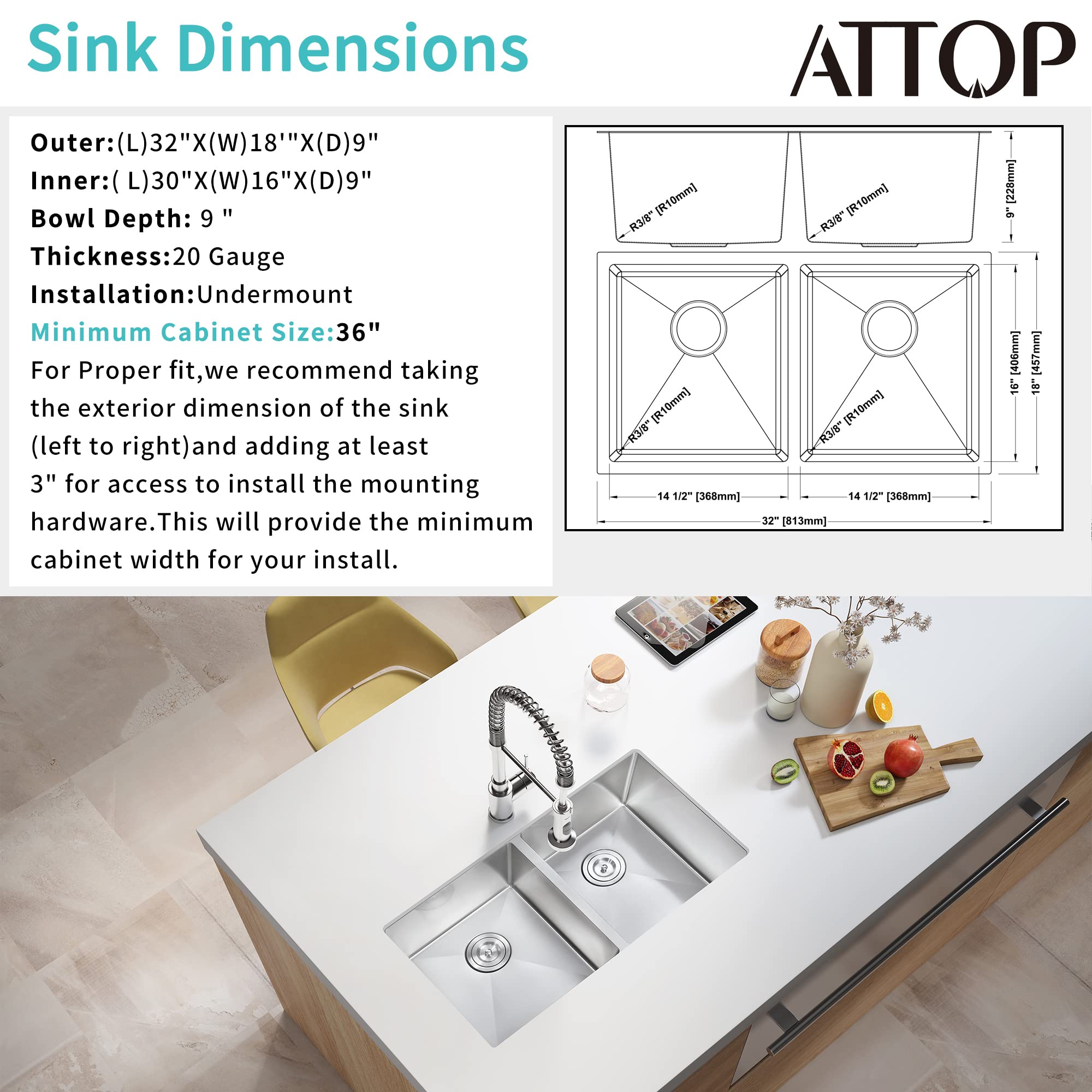 ATTOP Double Bowls Undermount Kitchen Sink,32 Inch Nano Coating Stainless Steel Kitchen Sink Undermount Double Bowls Sink